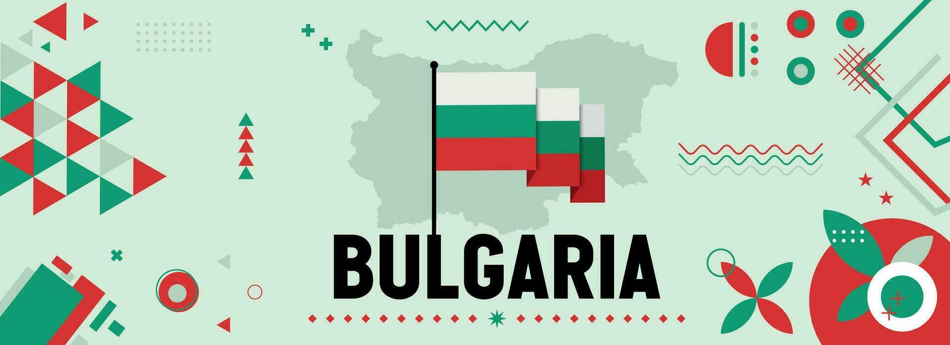 Bulgaria national or independence day banner design for country celebration. Flag and map of Bulgaria with modern retro design and abstract geometric icons. Vector illustration