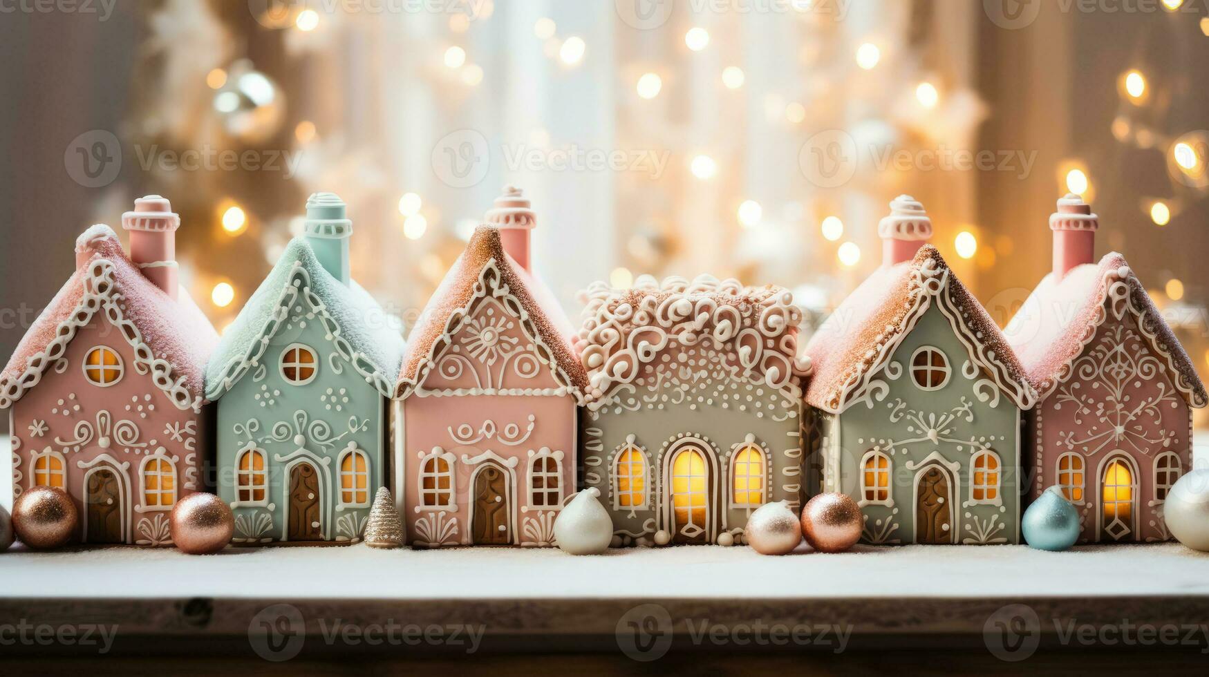 Candy Adorned Gingerbread Houses with Christmas Decorations reflected in soft blush mint green lavender and creamy white hues photo