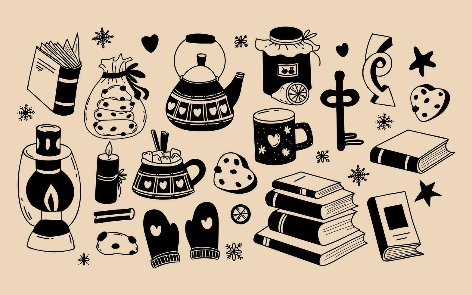 Cozy winter season and hobby collection. Books, cookies, jam and cup with teapot, lamp and mittens in hand drawn doodle style. Vector illustration.