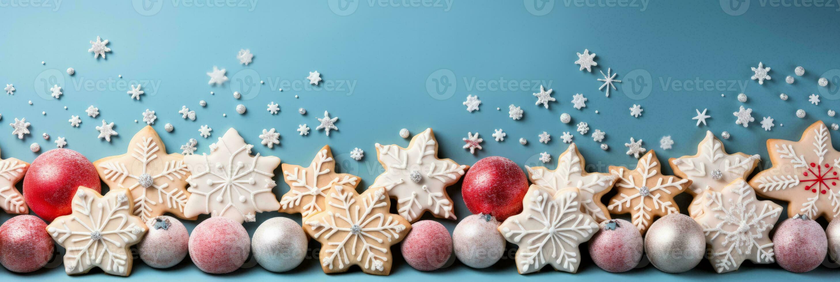 Magical sugar icing Christmas cookies on pastel hues background with empty space for text photo