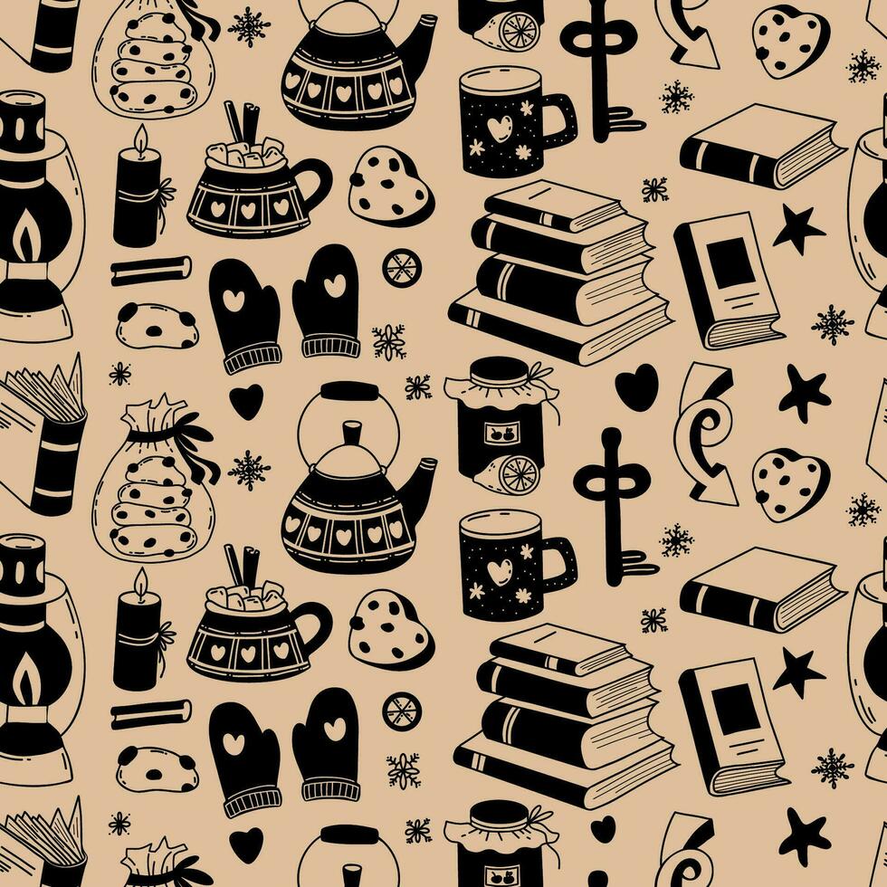 Seamless pattern with cozy home season. Books, jam, teapot and cup, cookies and mittens. Vector illustration. Seasonal comfort background in doodle style.