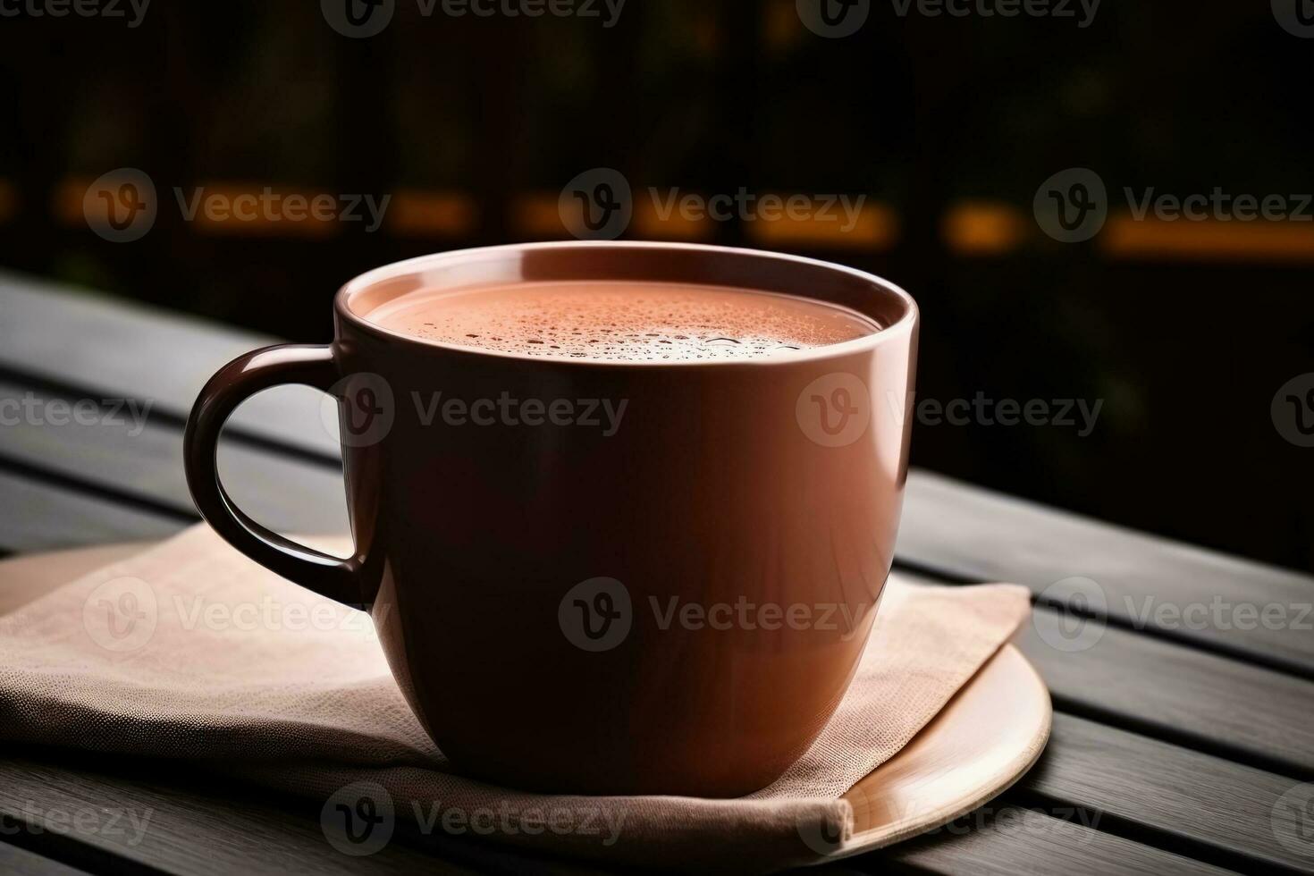 Artisanal hot chocolate in cozy cafe setting background with empty space for text photo