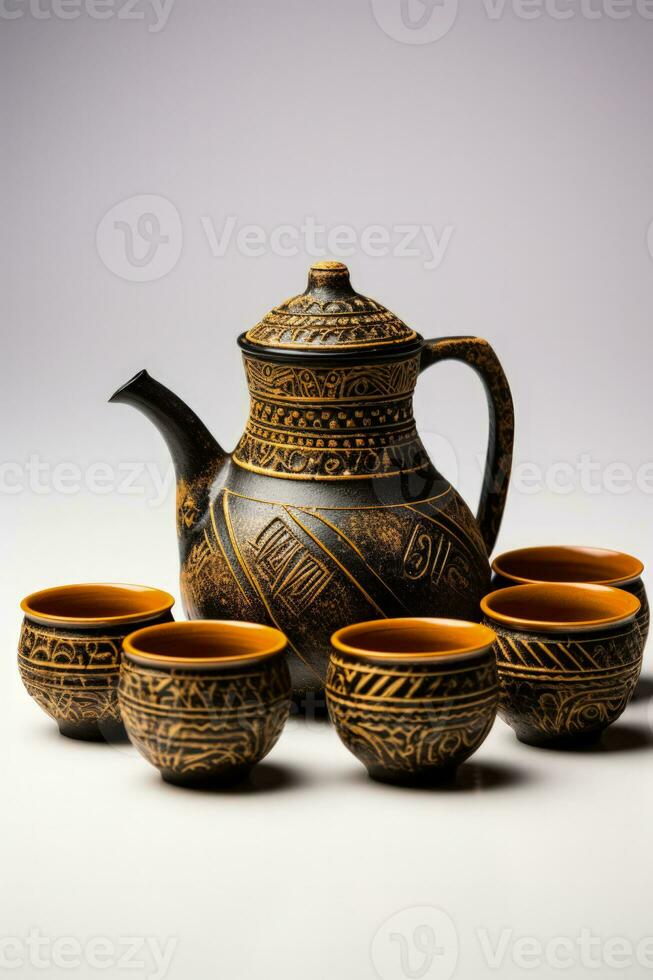 Indian Chai tea set for ritual ceremonies isolated on a white background photo