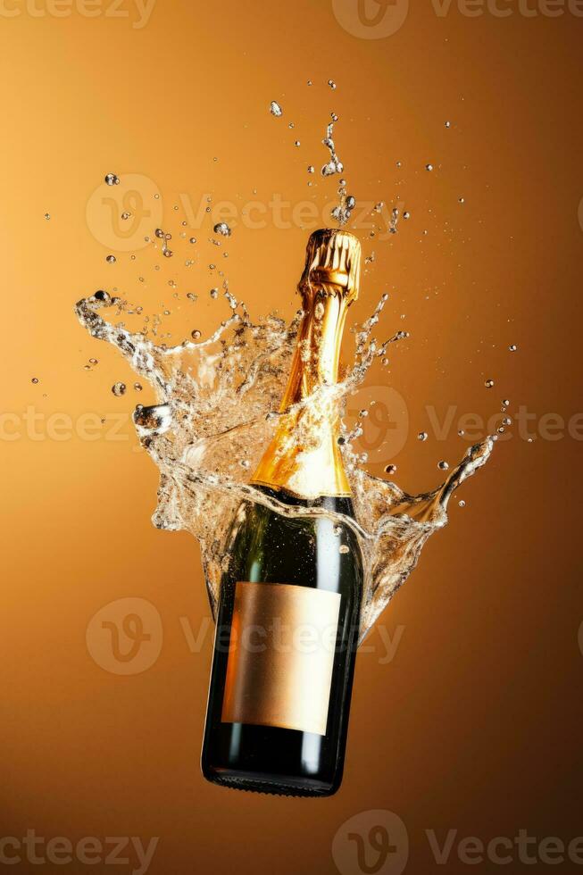 Champagne bottle popping with joy isolated on a gradient background photo