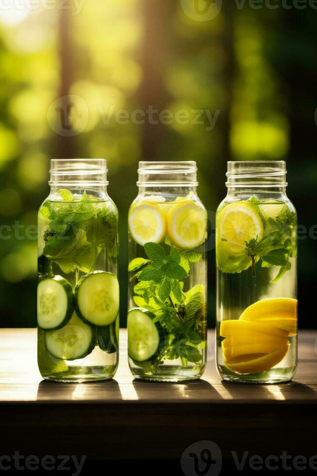 Detox water infusions in spa wellness setting background with empty space for text photo