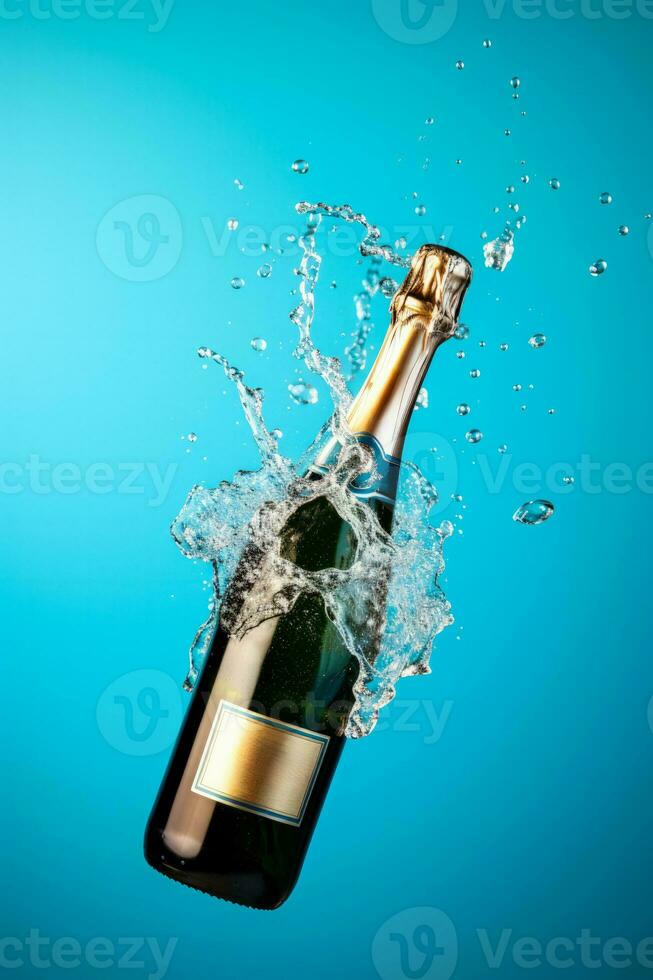 Champagne bottle popping with joy isolated on a gradient background photo