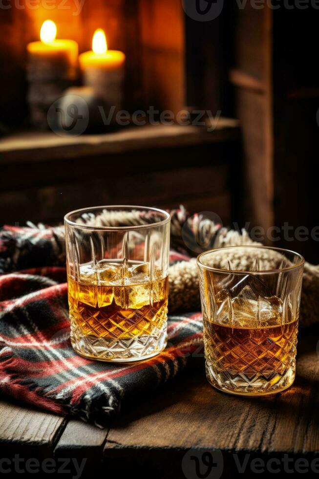 Cold whiskey sampling in cozy winter cabin background with empty space for text photo