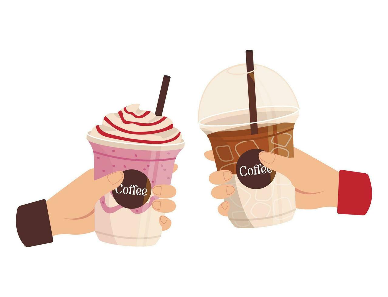 Two hands with plastic glasses with cold drinks. Take away. Vector graphic.