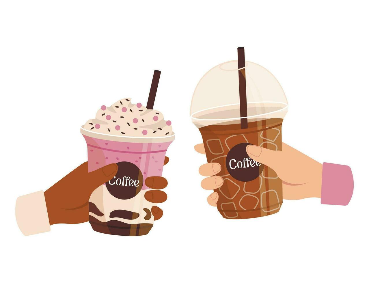 Two hands with plastic glasses with cold drinks. Take away. Vector graphic.