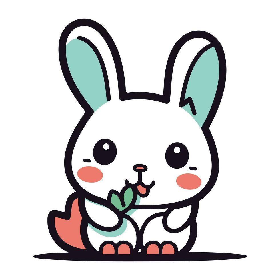 Cute cartoon bunny with a flower in his mouth. Vector illustration.