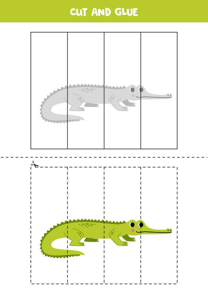 Cut and glue game for kids. Cute cartoon gavial. vector