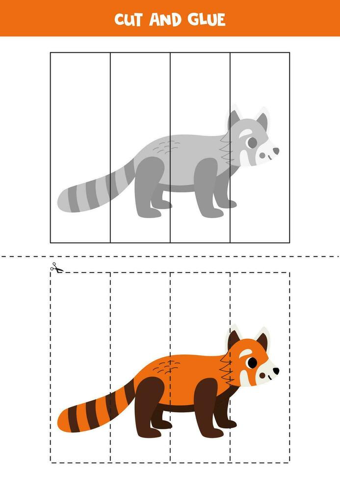 Cut and glue game for kids. Cute cartoon red panda. vector