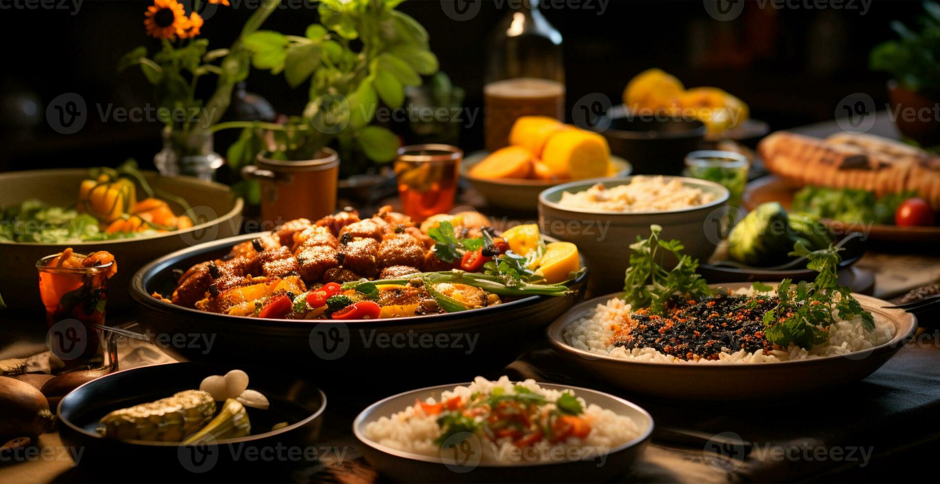 Festive table, many dishes from different countries of the world - AI generated image photo