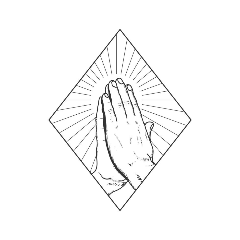 Vintage Retro Religion Praying Hand with Sunburst for Tattoo Design Illustration vector