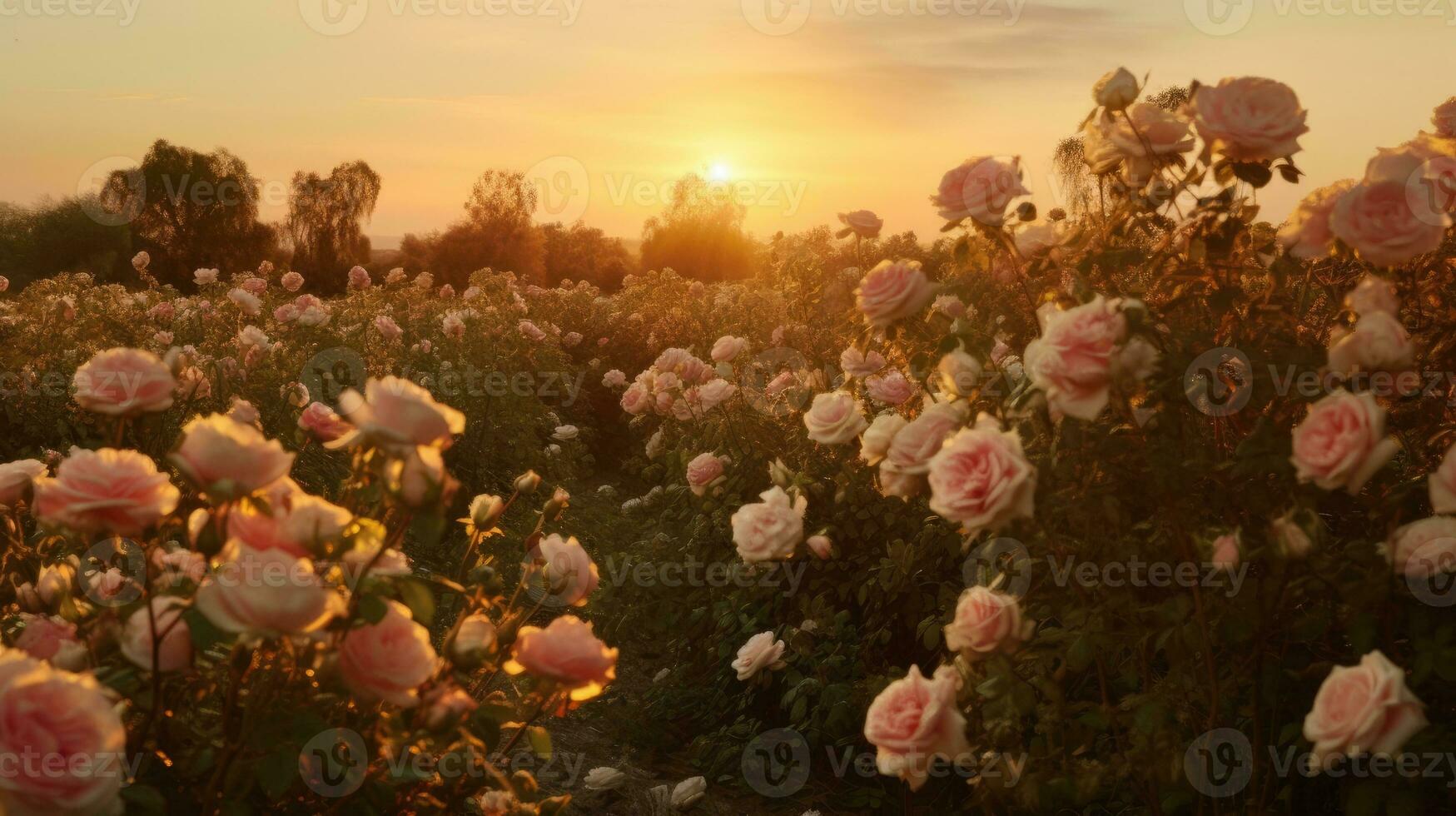 Pink rose field in sunset light, in the style of sun rays shining upon a field of roses. Generative AI photo