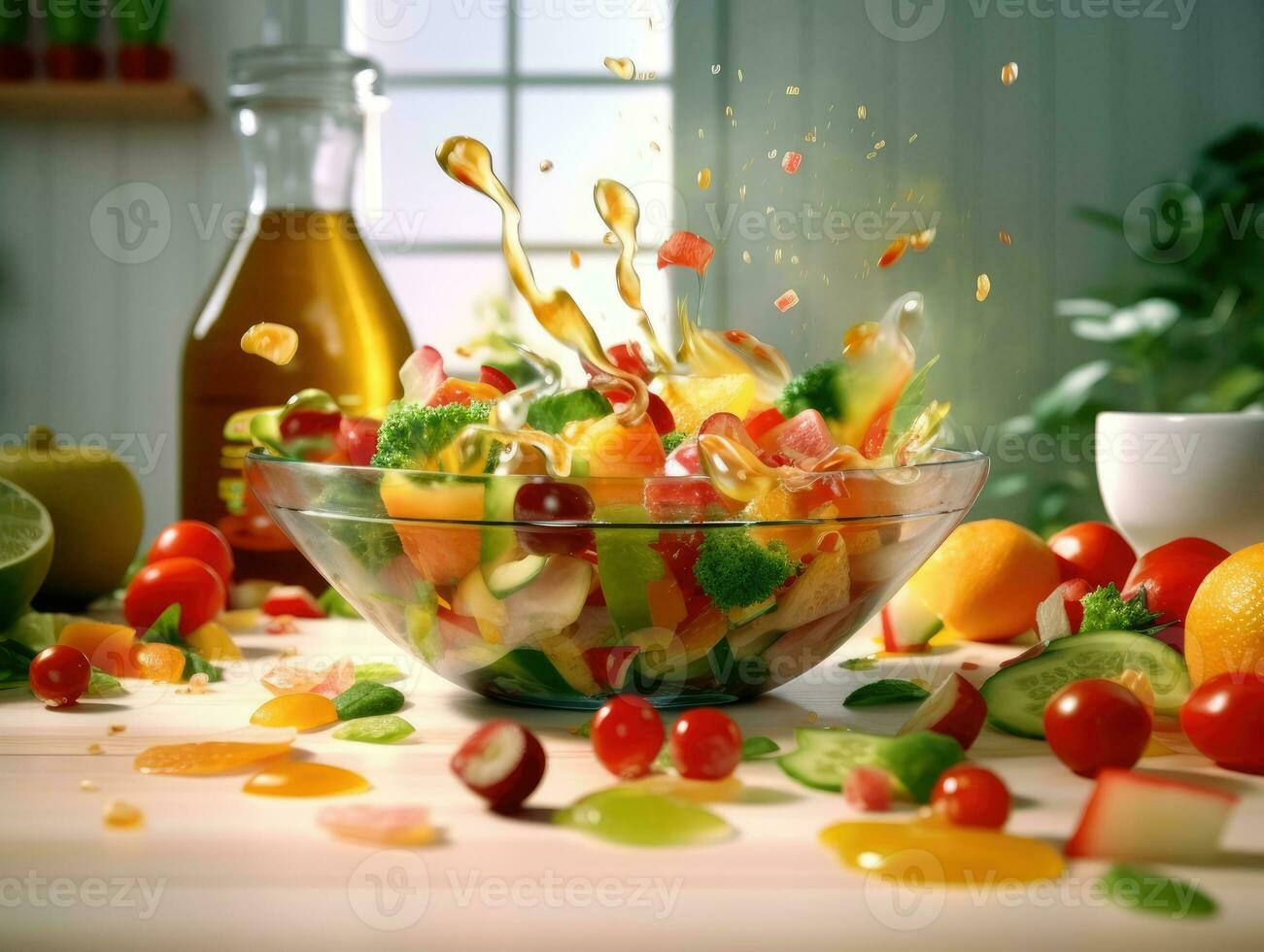 Vegetable salad and fruit on kitchen table. Generative AI photo