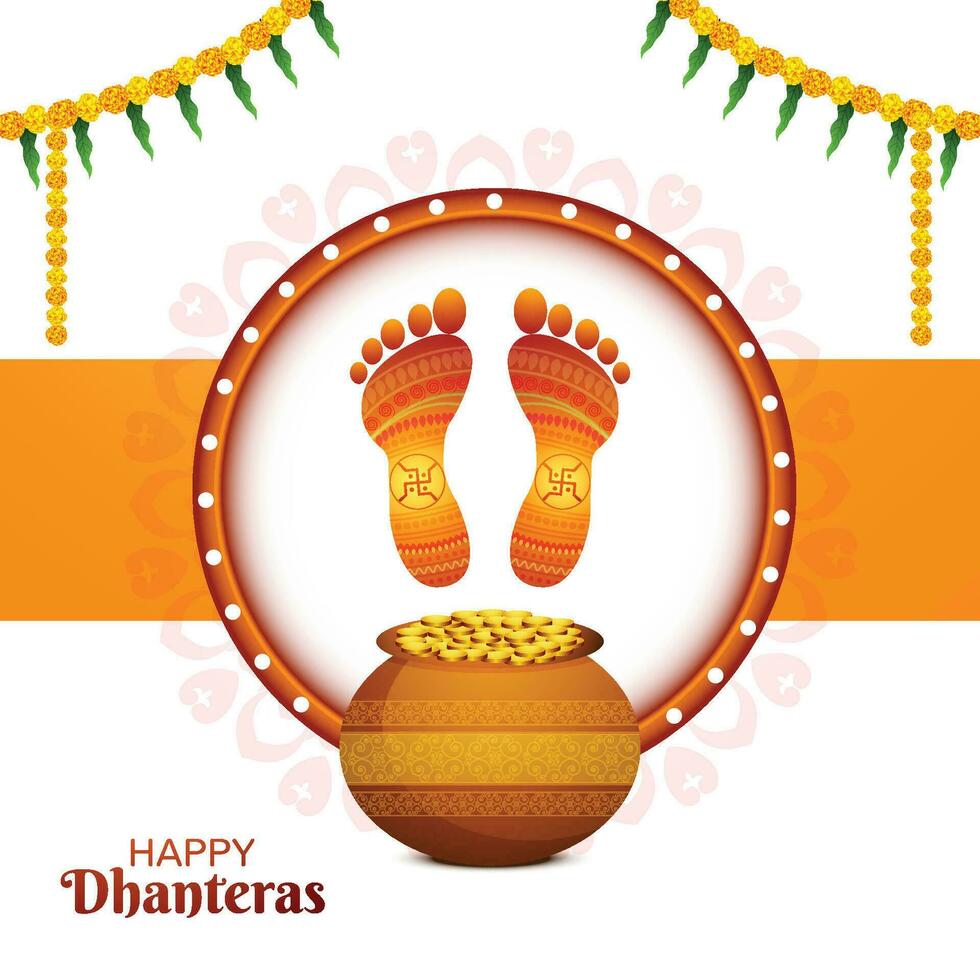 Happy dhanteras festival for goddess maa lakshmi charan or paduka card design vector