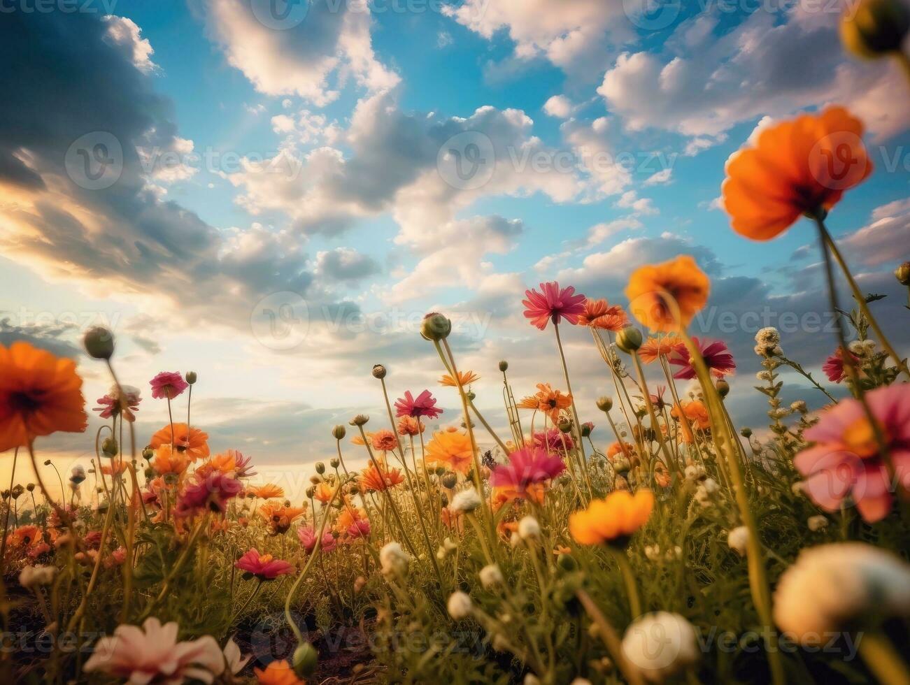 Beautiful summer field of colorful cosmos flowers, natural sunlight, and bright summer sky background. Generative AI photo