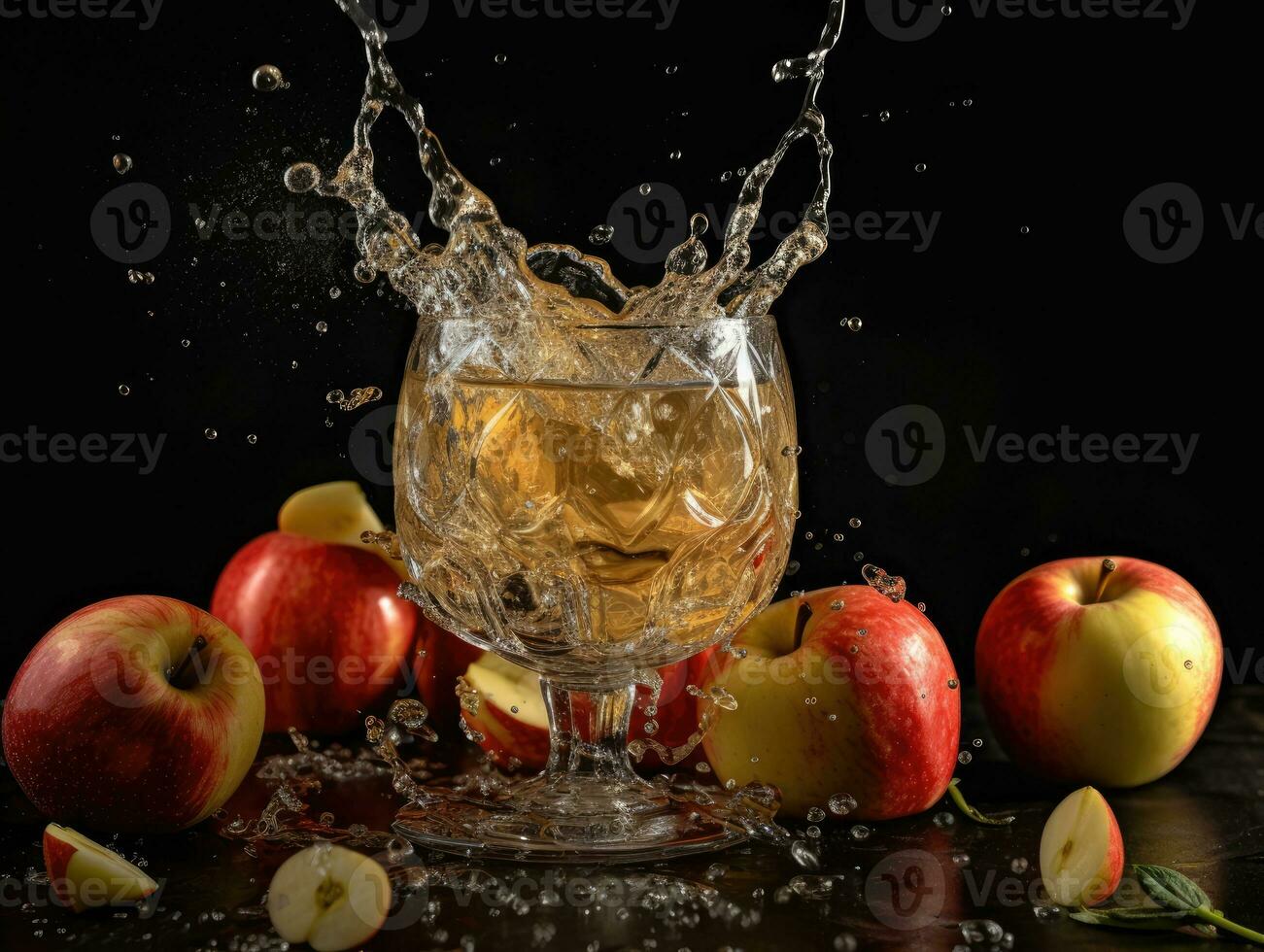 Apple and apple juice splash into a glass. Generative AI photo