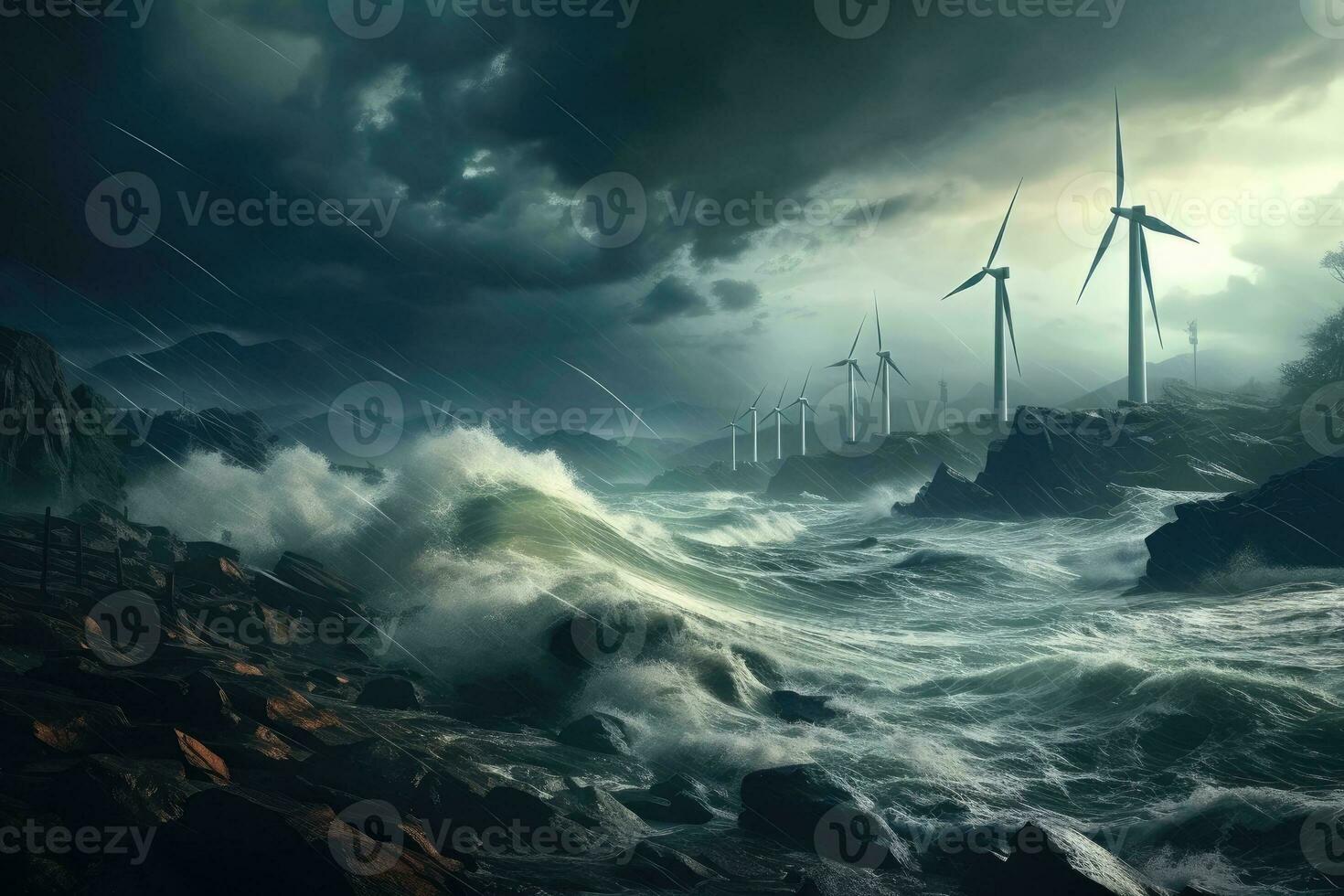 Wind turbines on the surreal sea. renewable energy background with green energy. Generative AI photo