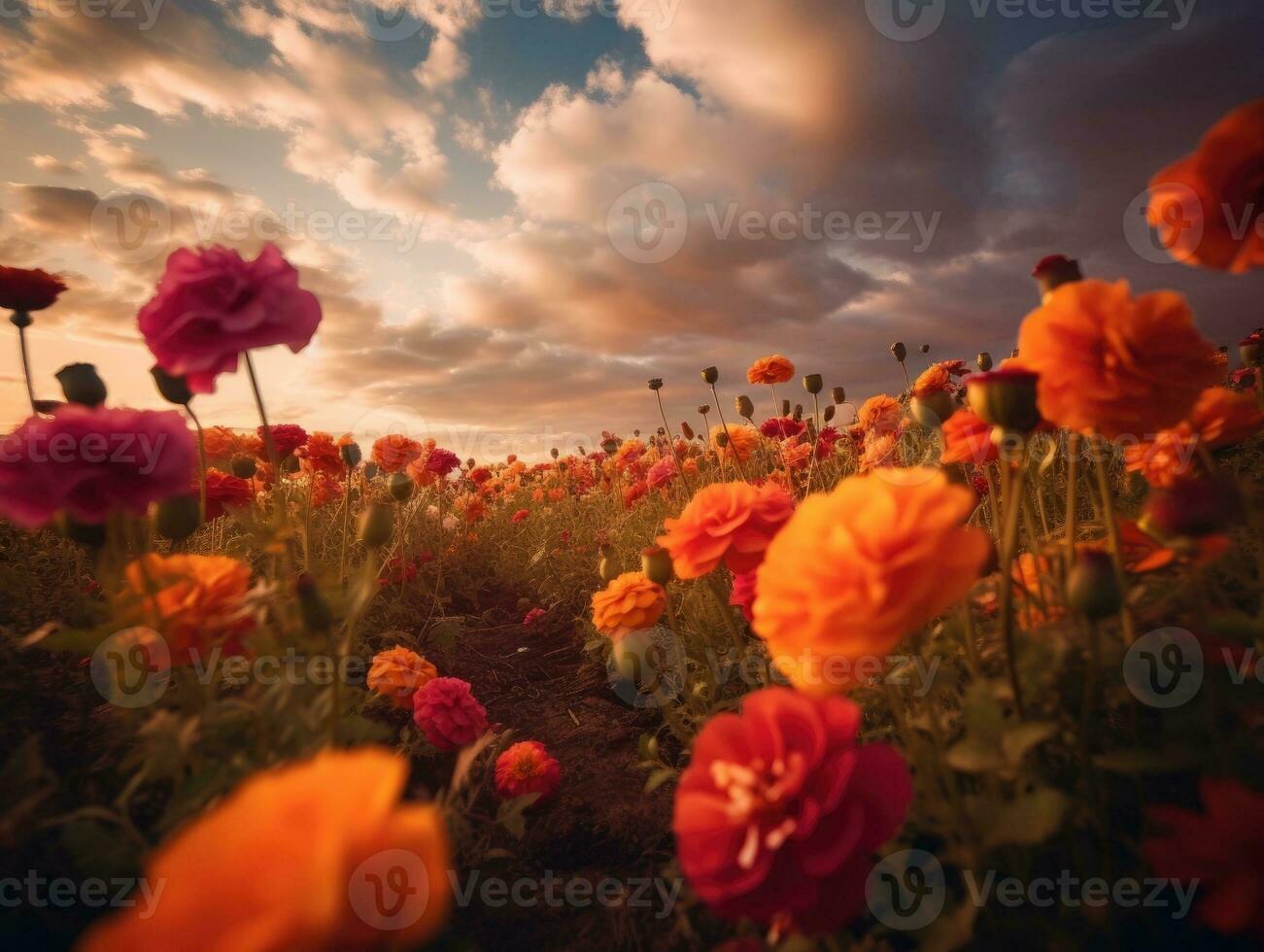 Beautiful summer field of colorful cosmos flowers, natural sunlight, and bright summer sky background. Generative AI photo
