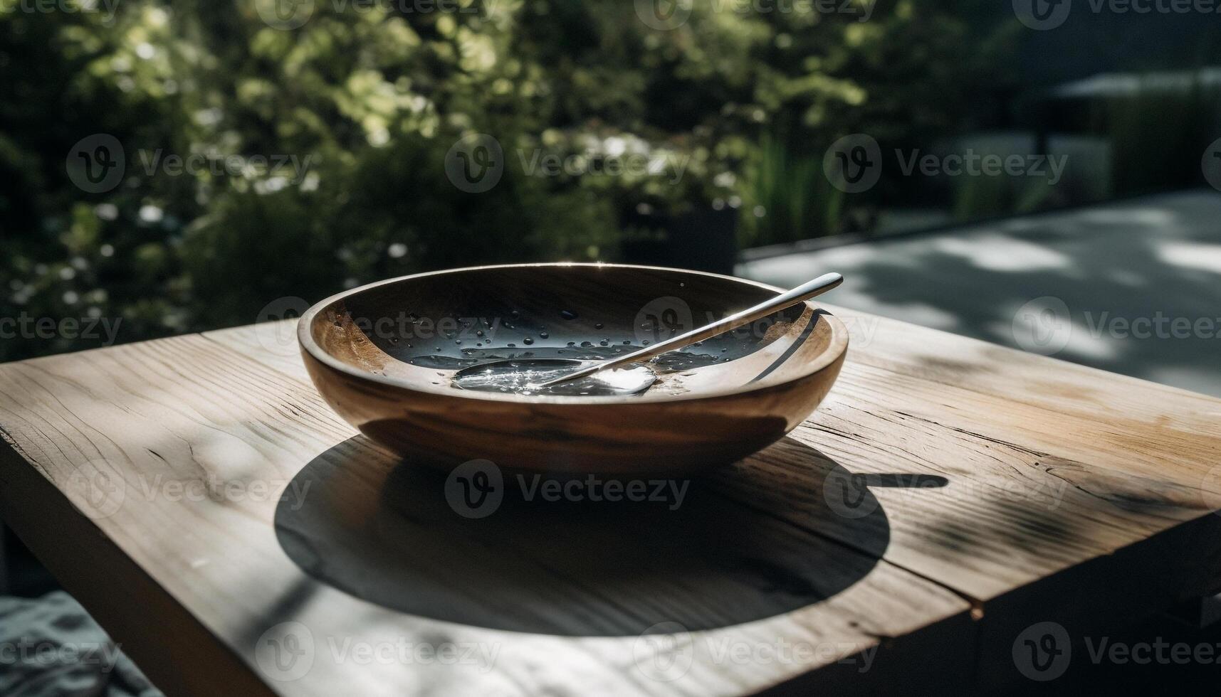 Wooden table with a bowl of food, surrounded by nature generated by AI photo