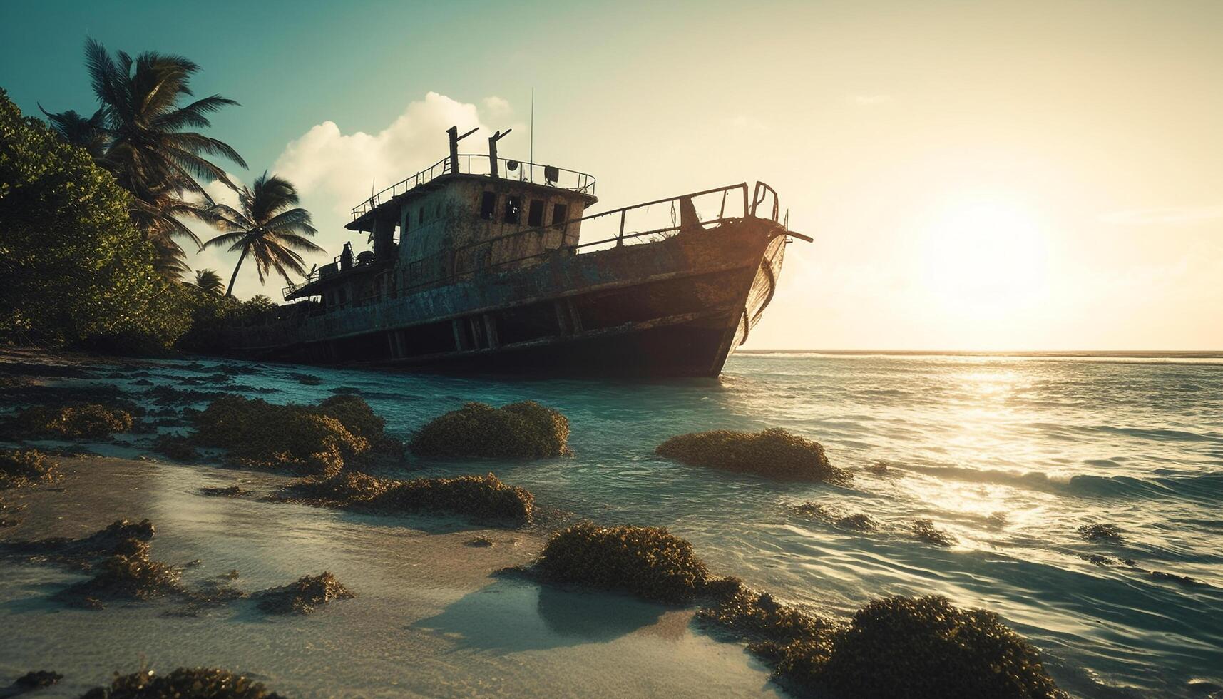 Abandoned shipwreck on sandy coast, rusty and broken, nature misfortune generated by AI photo