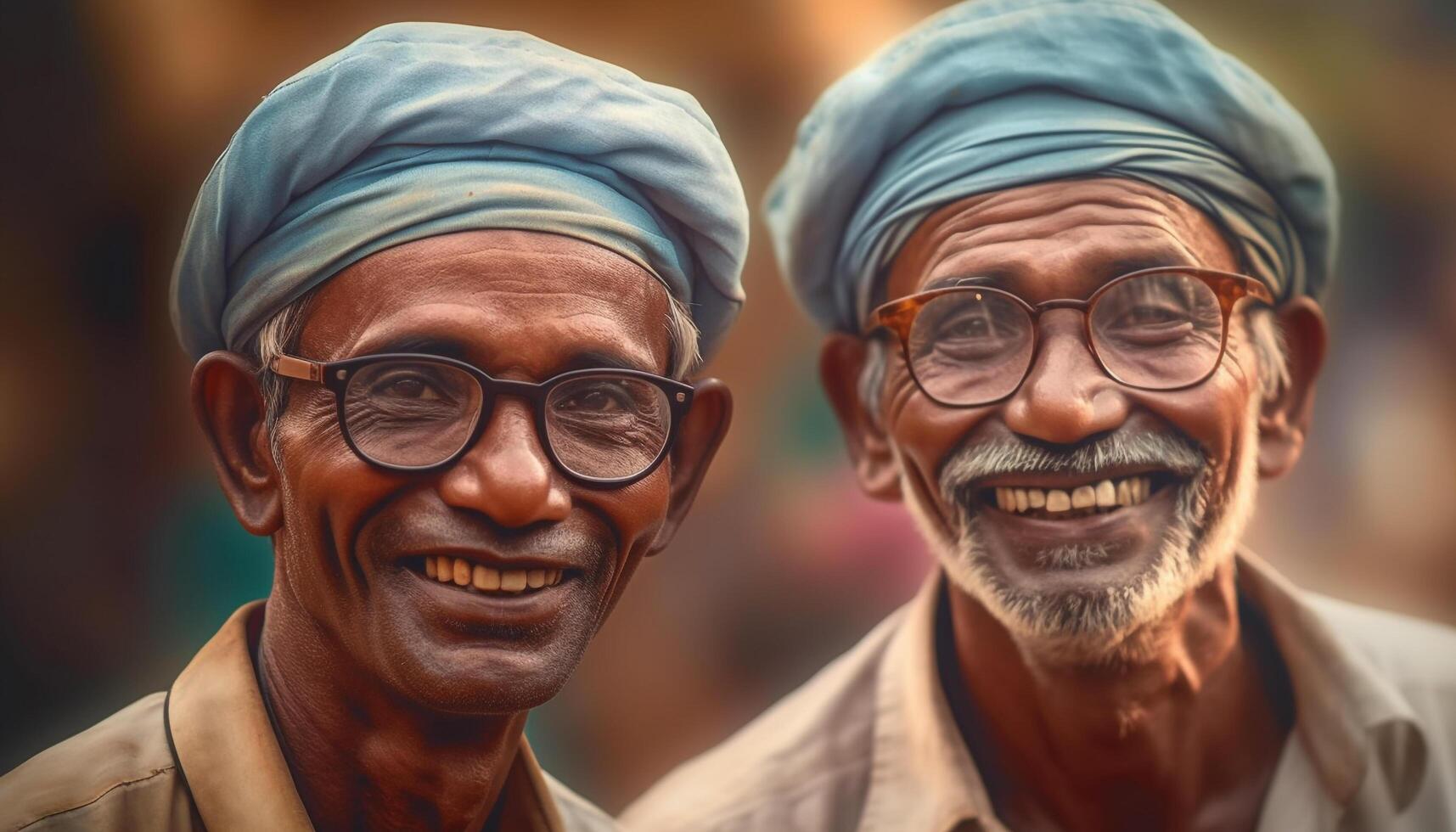 Two senior men smiling, looking at camera, outdoors, cheerful and happy generated by AI photo