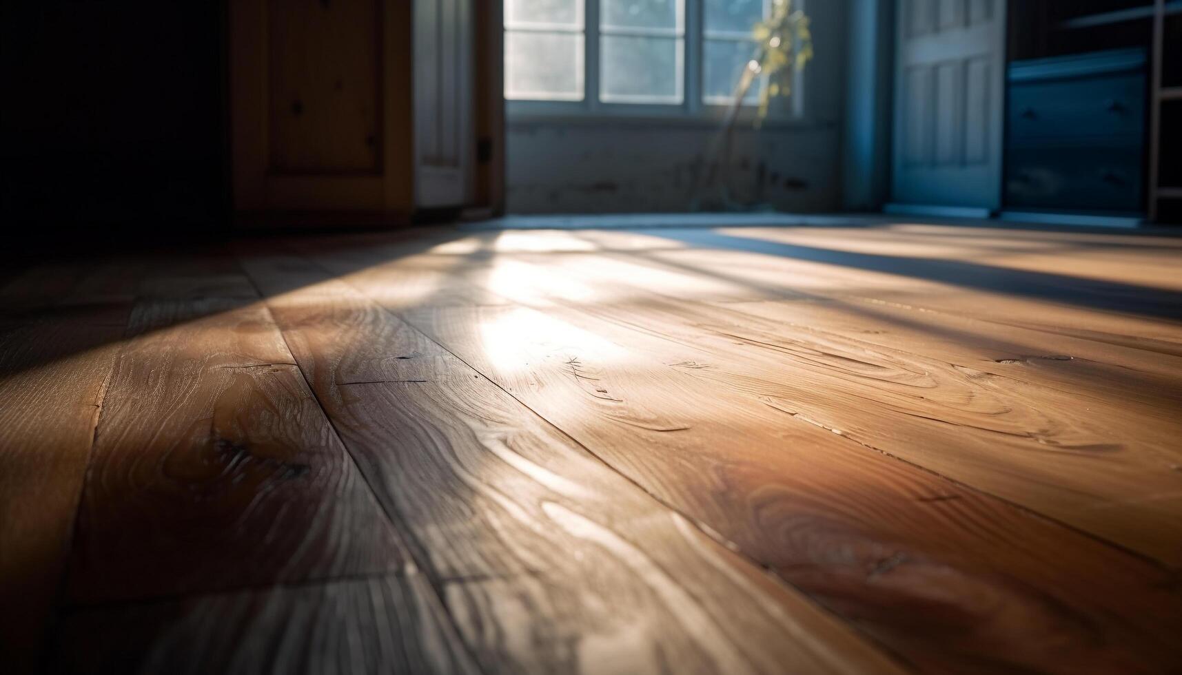 Bright sunlight fills the empty room, highlighting the striped hardwood flooring generated by AI photo