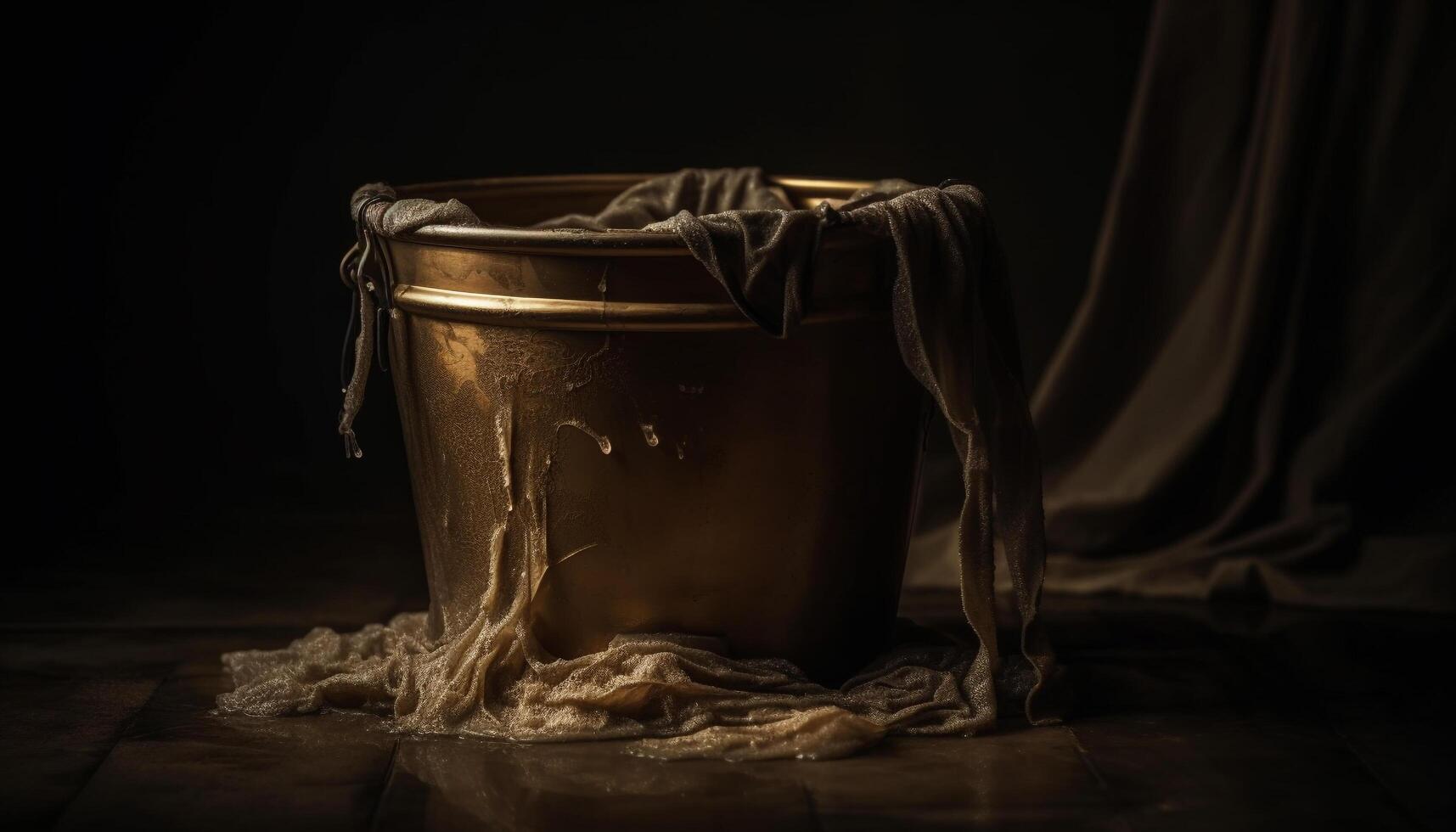 Old wooden bucket holds wet textile in dark, rustic studio shot generated by AI photo