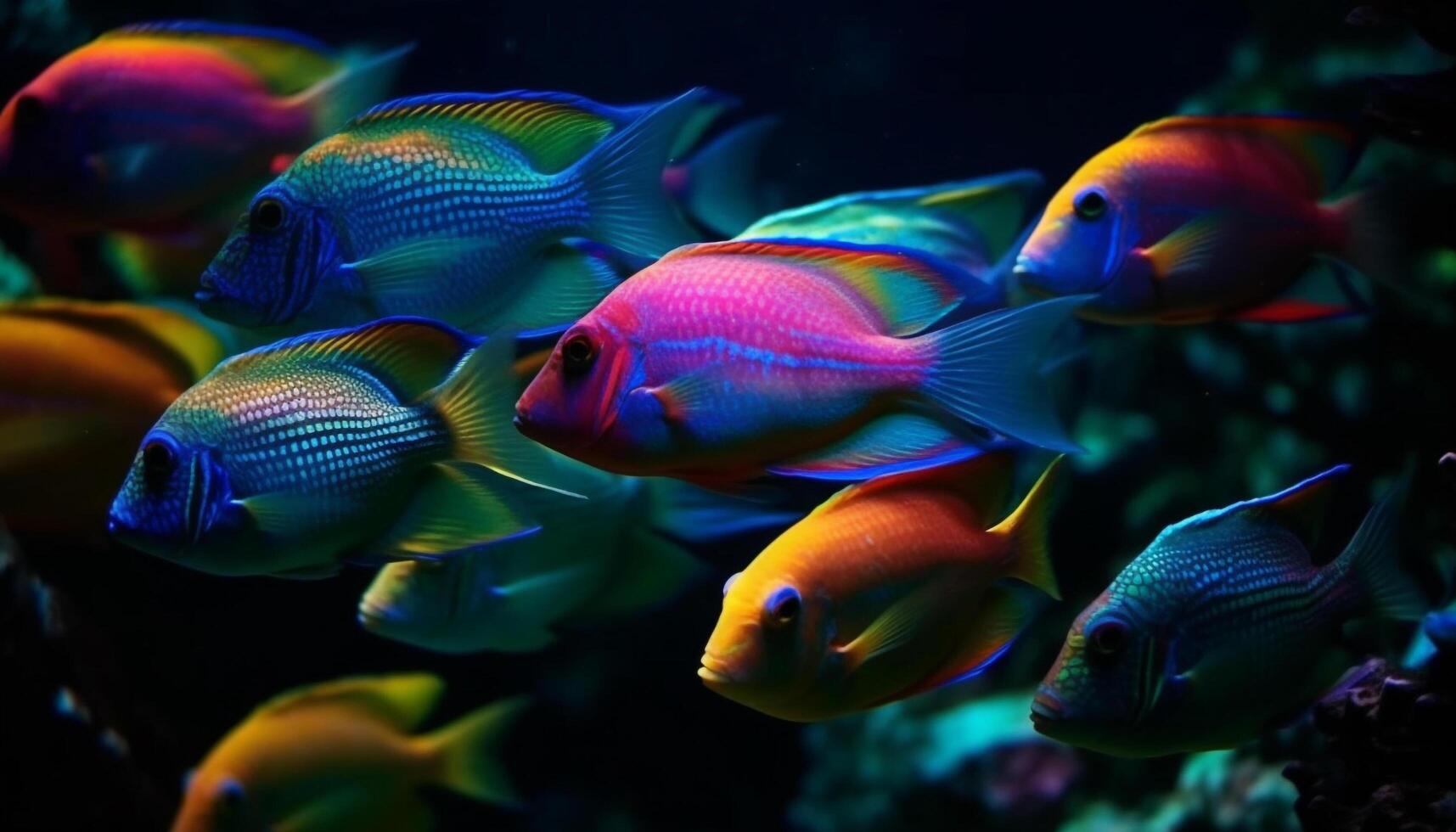 A vibrant underwater world with a school of colorful fish generated by AI photo