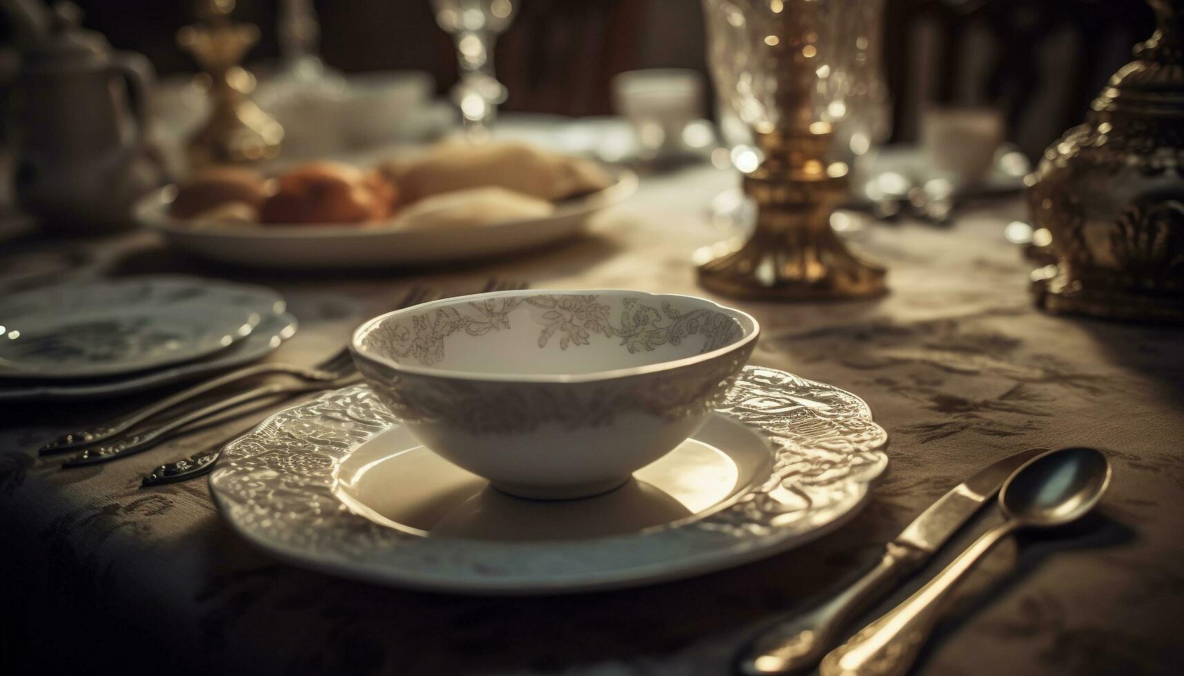 An elegant antique table with old fashioned crockery and silverware generated by AI photo