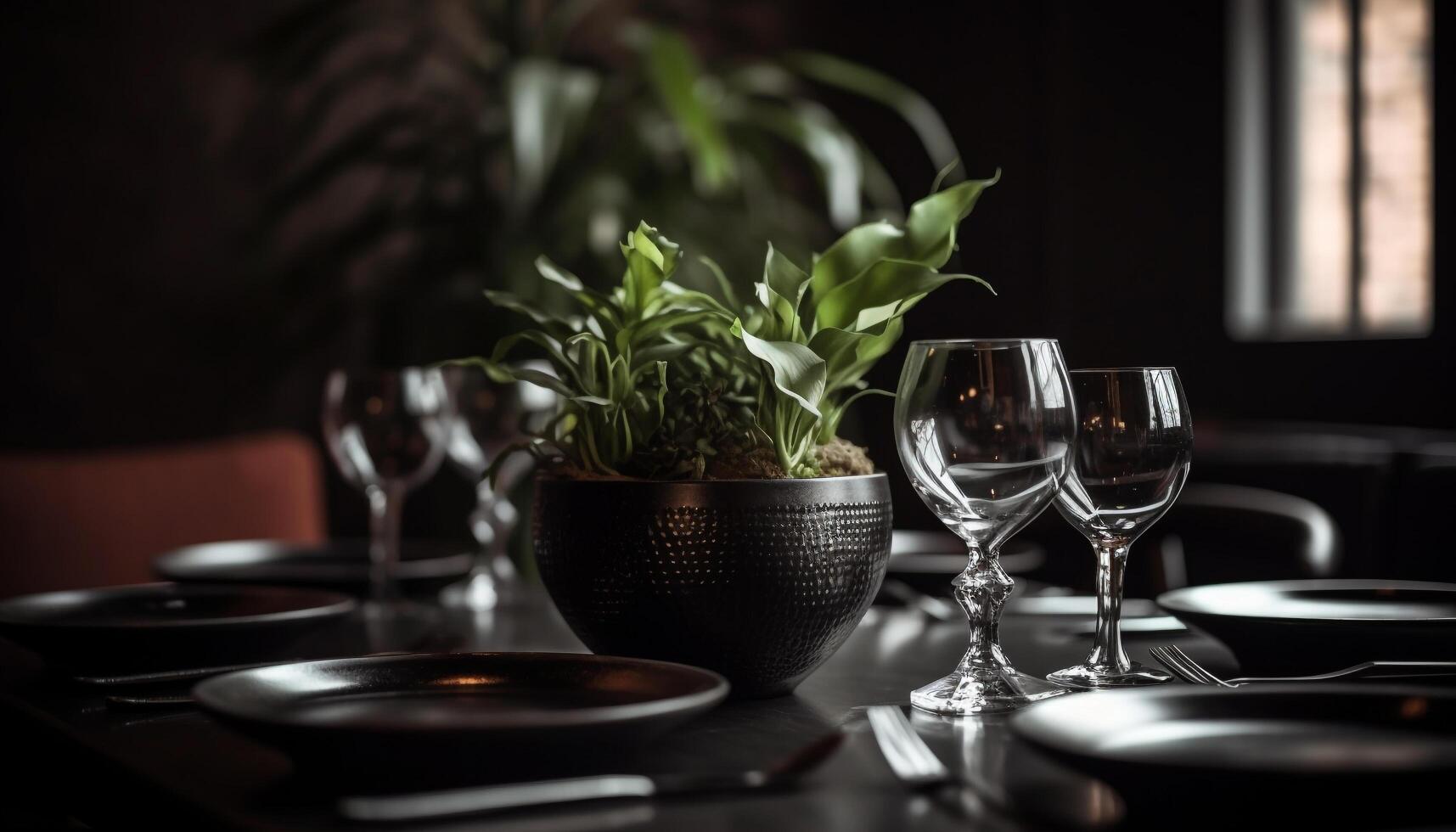 Luxury dining table with elegant crockery, wineglass, and fresh food generated by AI photo