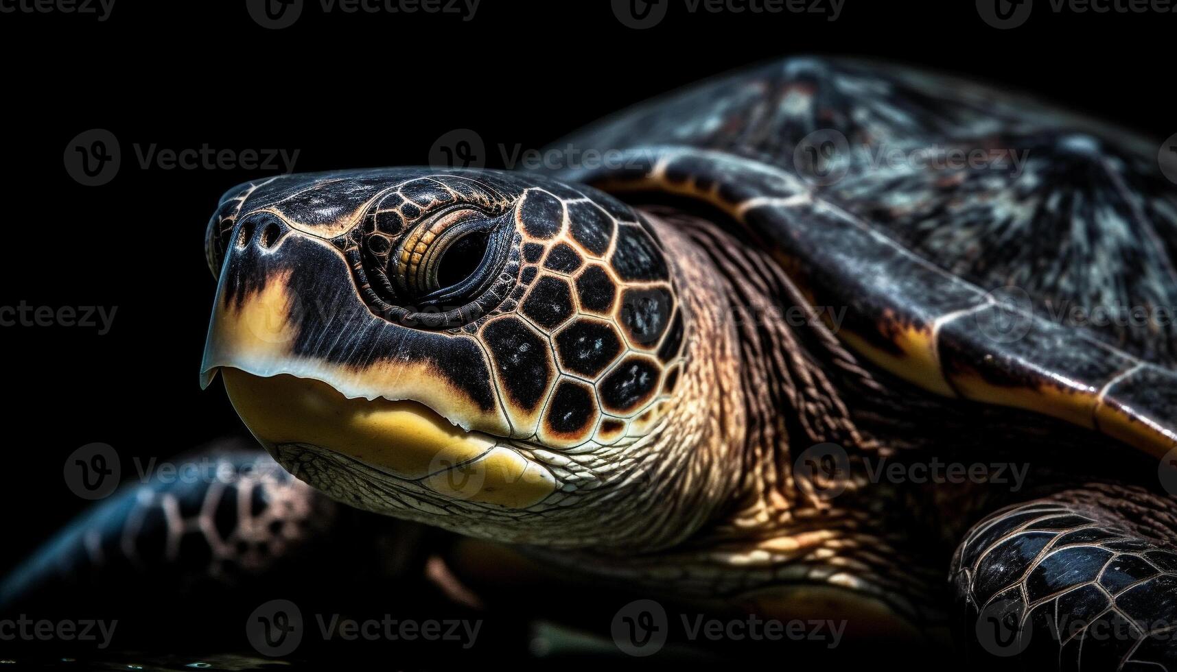 A slow turtle crawls underwater, its shell a multi colored pattern generated by AI photo