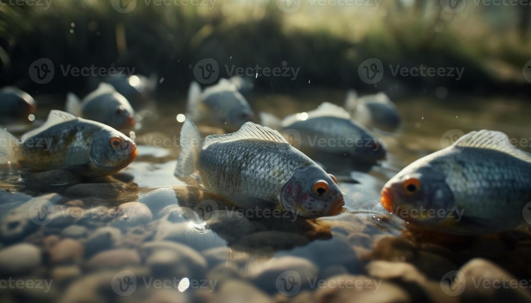 grupo de acuático animales nadando en un agua dulce estanque generado por ai foto