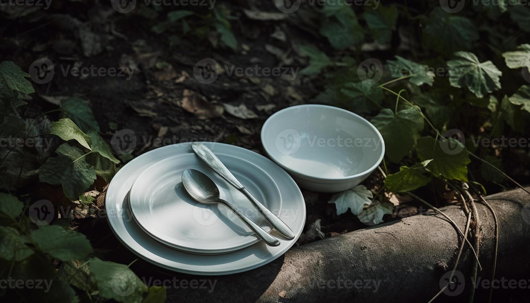 Wooden table with crockery, plate, and silverware generated by AI photo