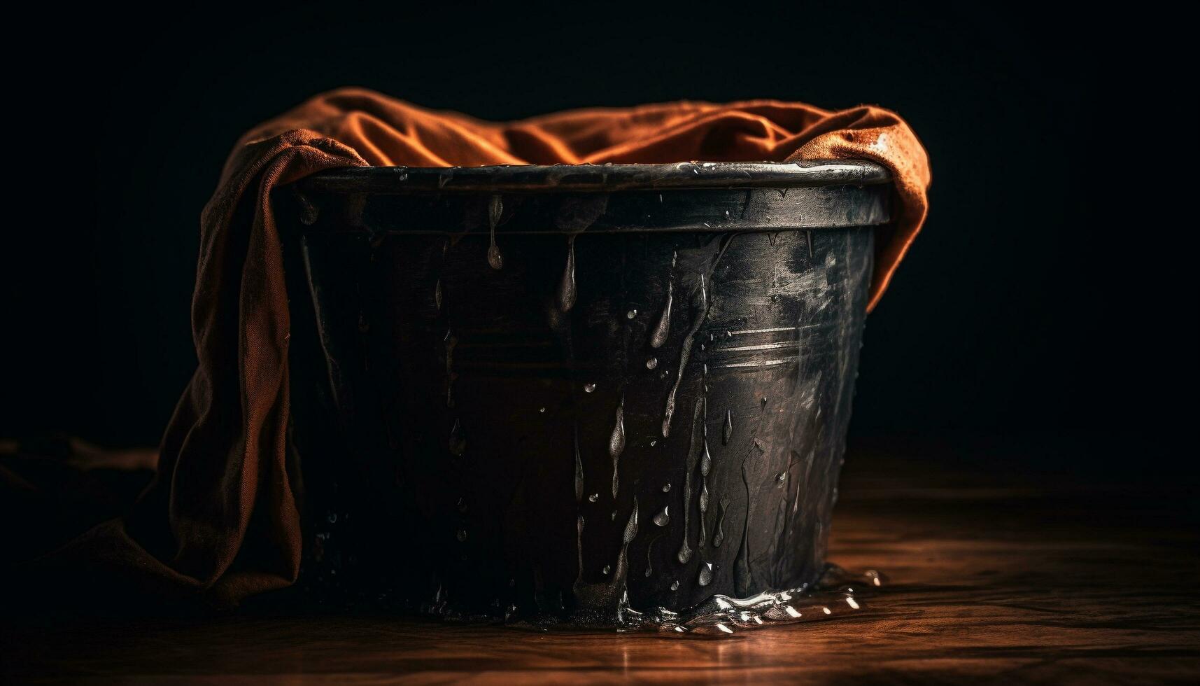 Dark wooden bucket on old table, single object in nature generated by AI photo