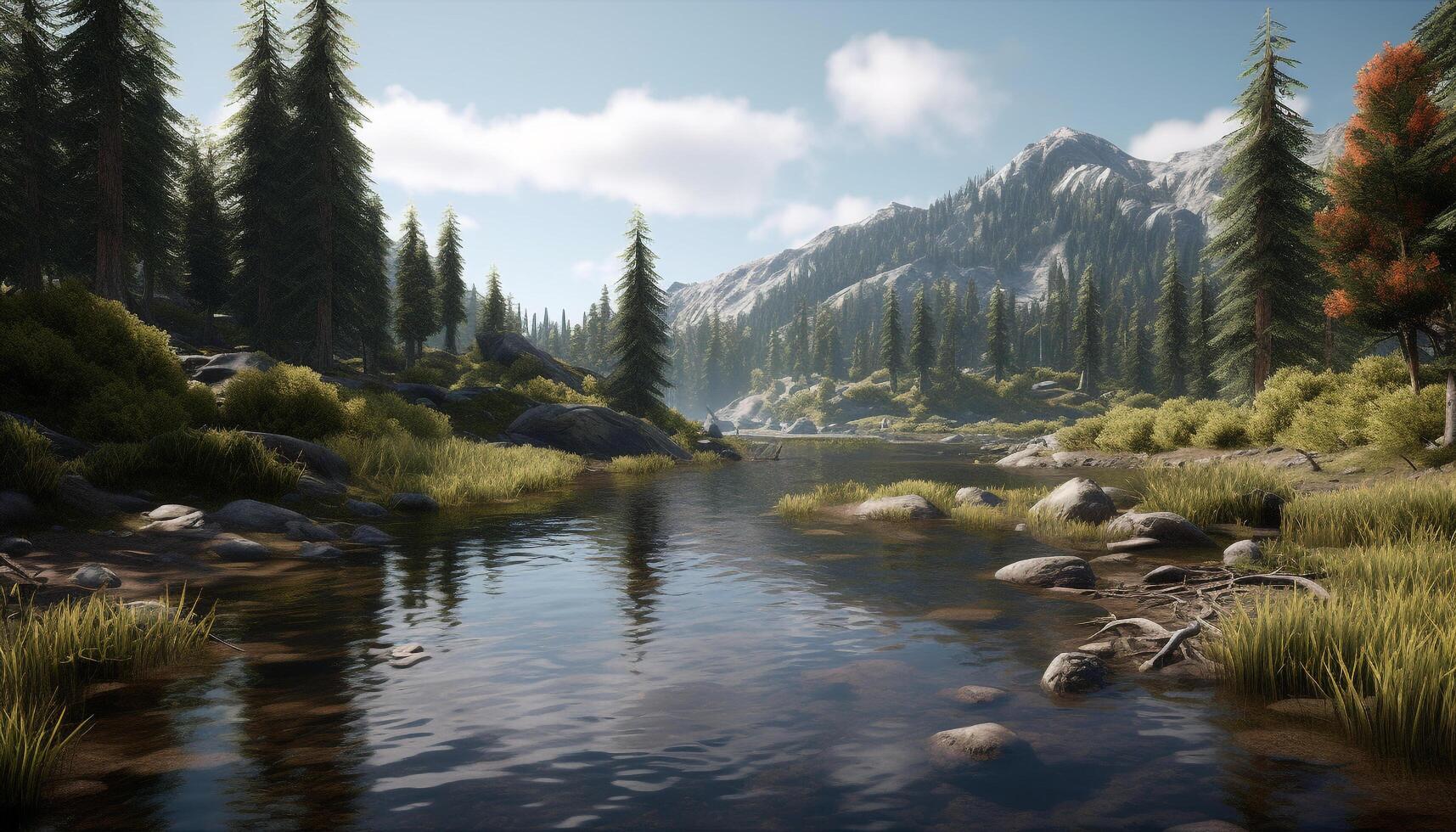 Tranquil scene of a majestic mountain range reflected in a pond generated by AI photo