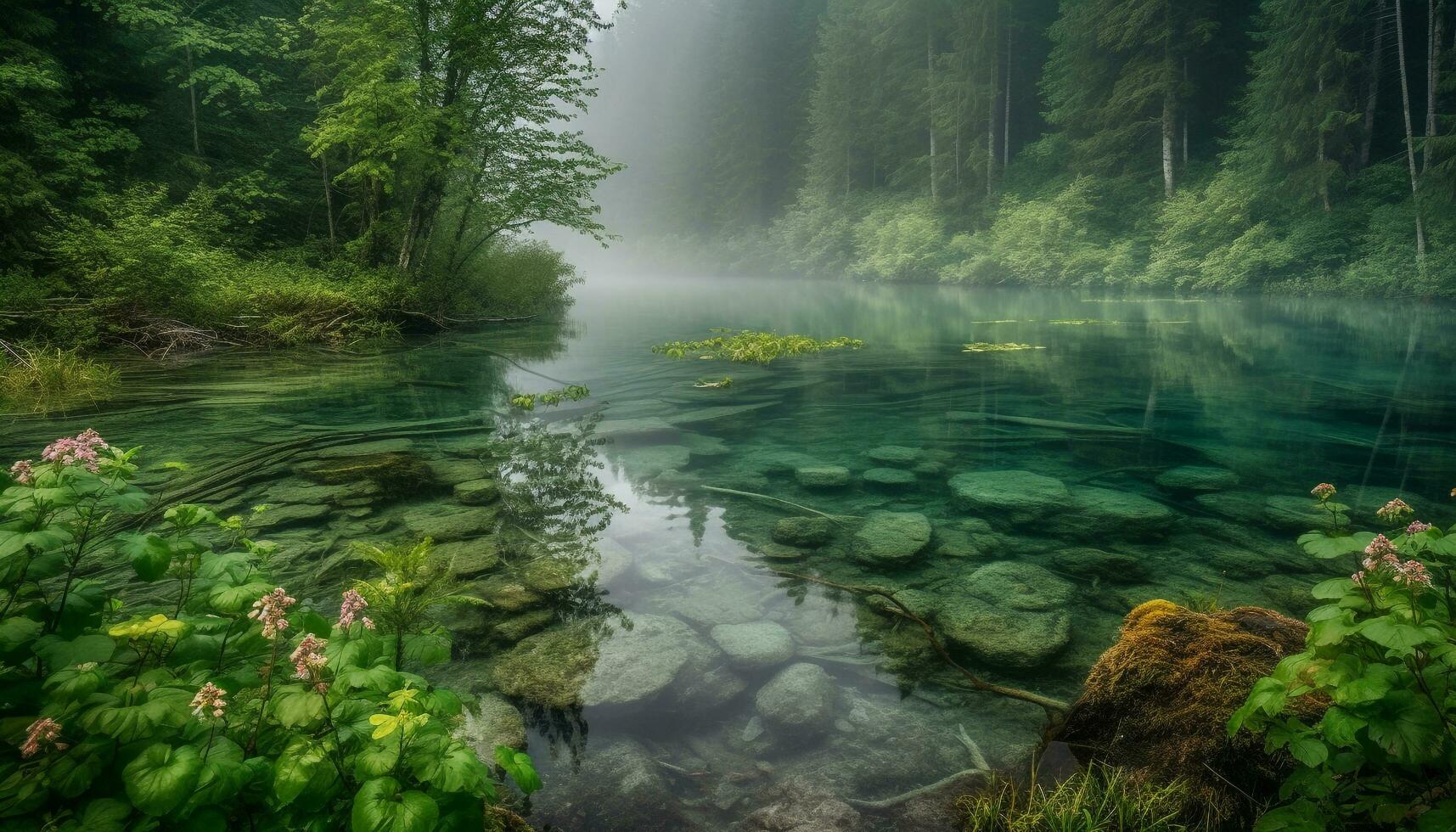 The green forest reflects its beauty in the tranquil pond generated by AI photo