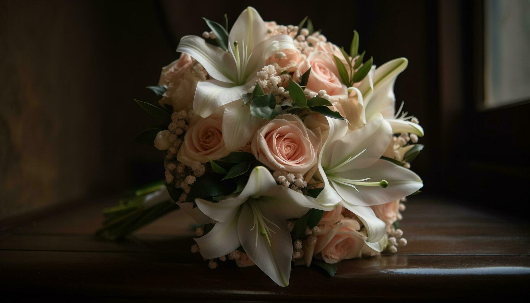 A beautiful bouquet of fresh flowers decorates the wedding table generated by AI photo