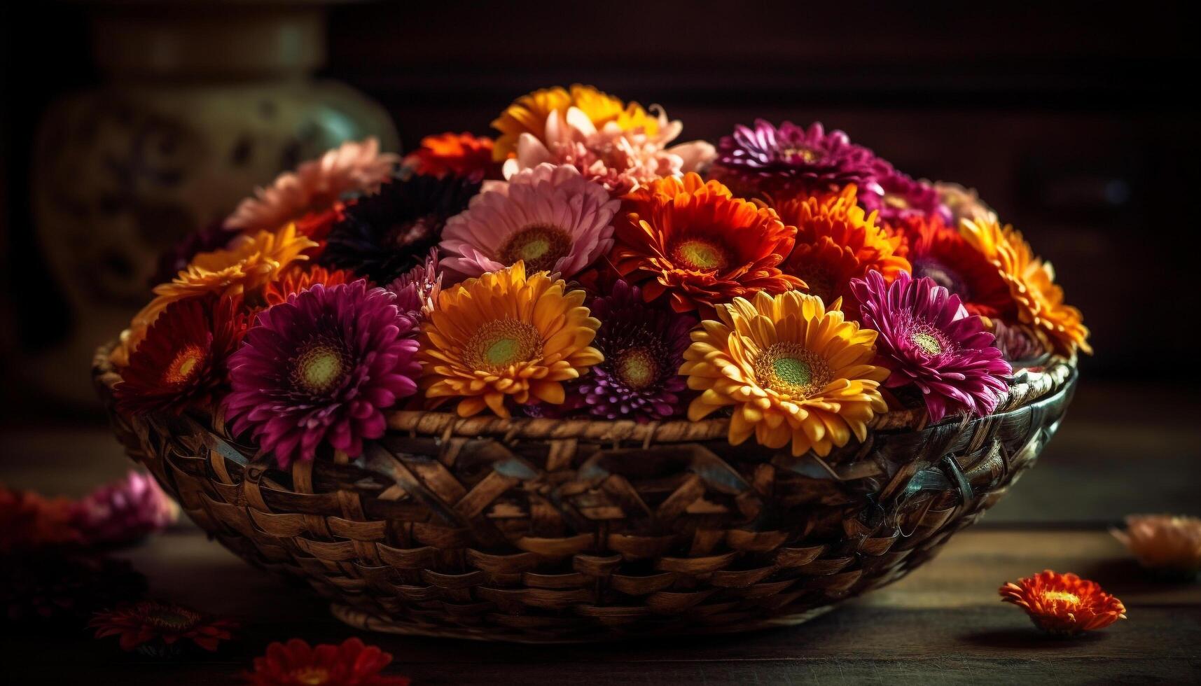 A beautiful bouquet of purple and yellow flowers on a wooden table generated by AI photo