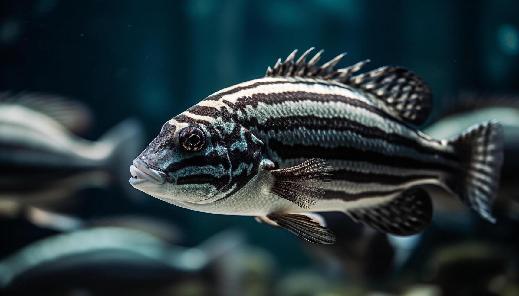 A striped zebra fish swims in a beautiful underwater reef generated by AI photo