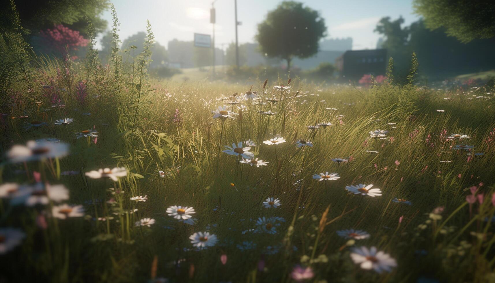 A meadow of wildflowers, bathed in the golden sunset glow generated by AI photo