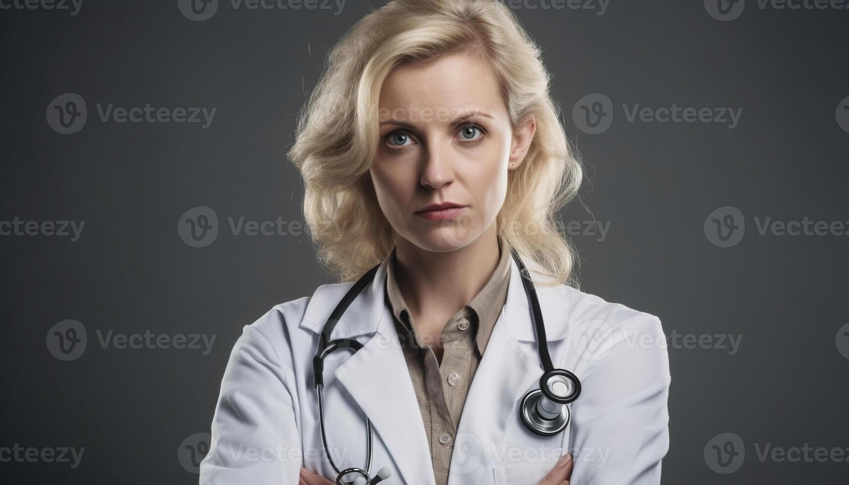 A confident young adult nurse with blond hair and blue eyes generated by AI photo