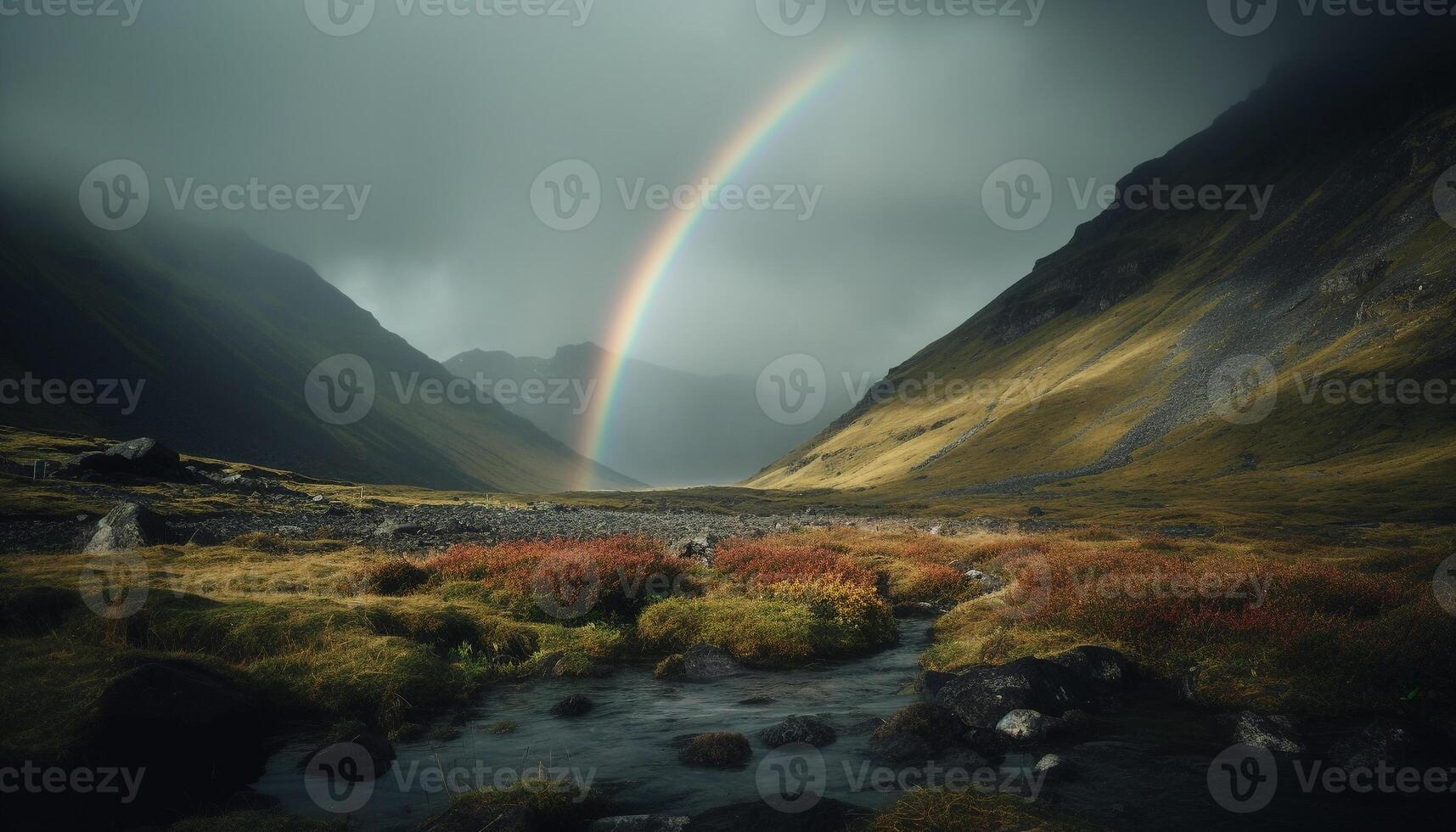 majestuoso montaña rango, tranquilo prado, arco iris terminado Nevado paisaje generado por ai foto