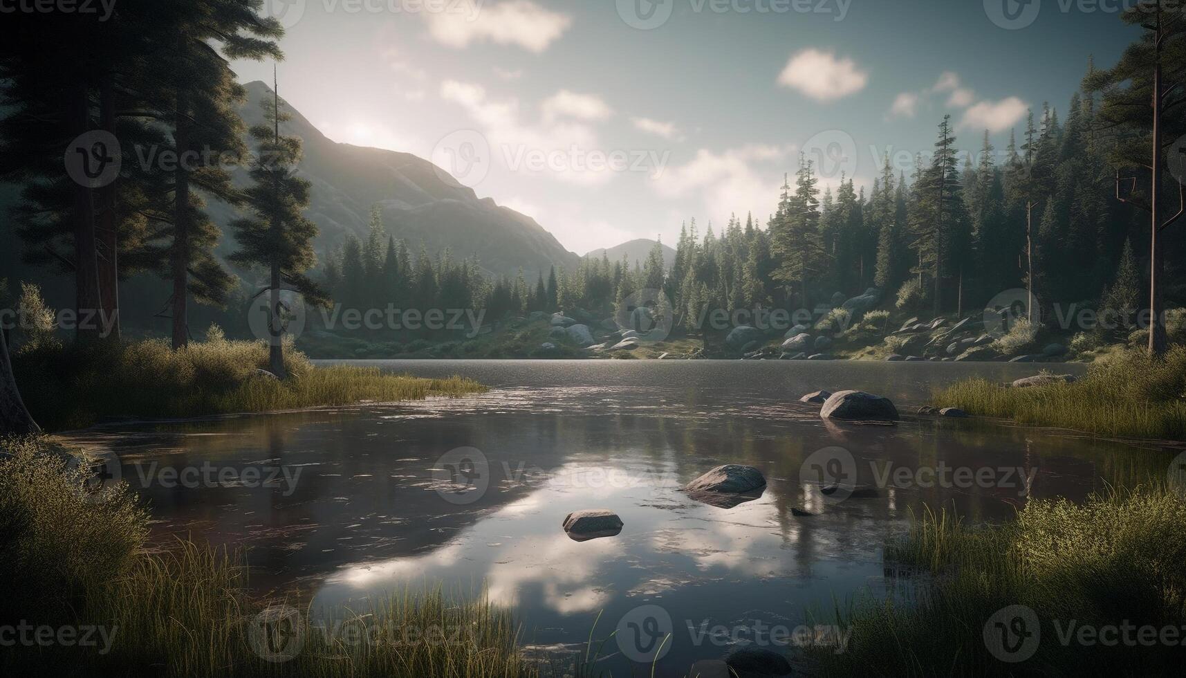 A serene summer meadow reflects the majestic mountain range generated by AI photo