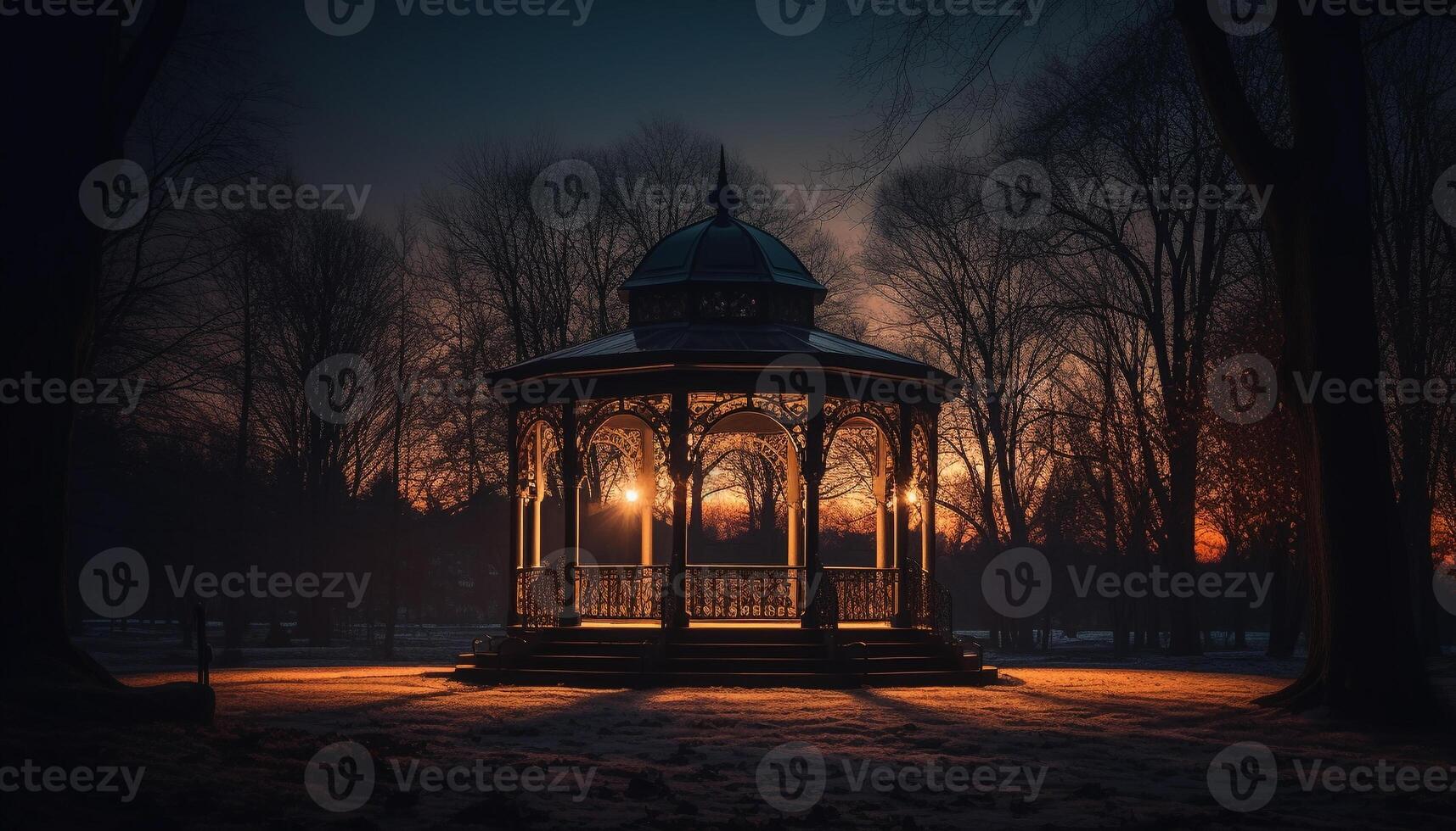 Illuminated lanterns light up the dark winter night outdoors generated by AI photo