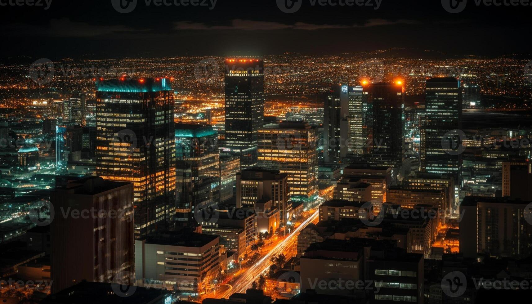 Night cityscape with skyscrapers, urban skyline, and high angle view generated by AI photo