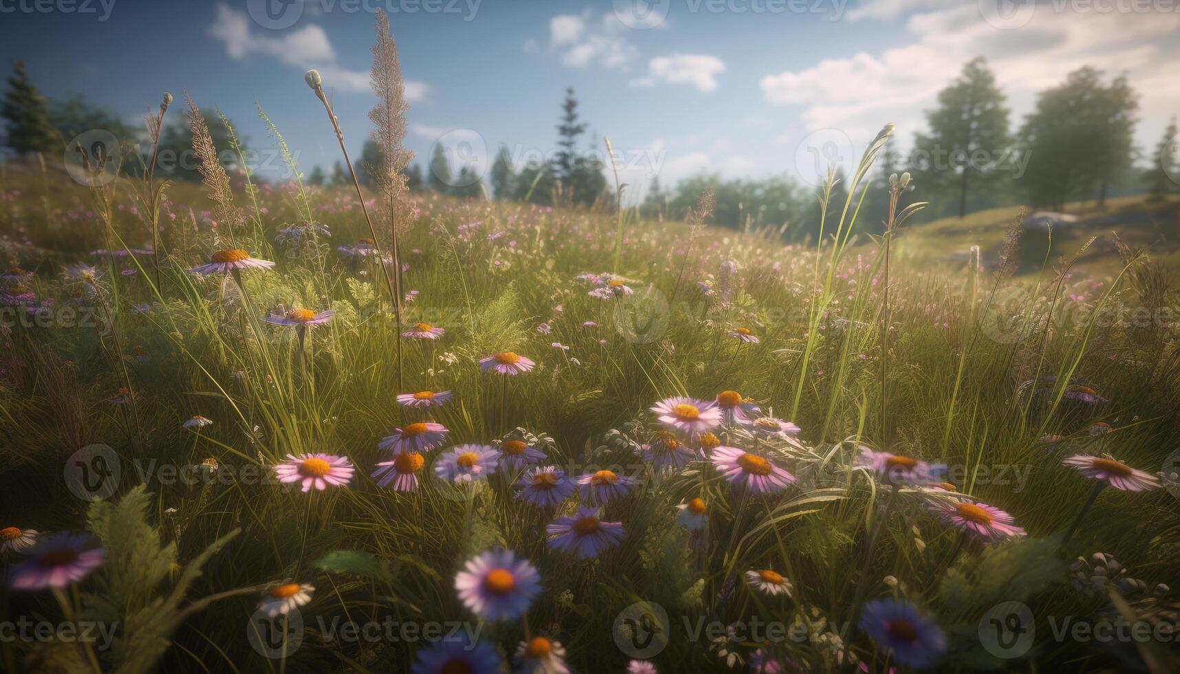 A vibrant meadow of wildflowers blossoms under the summer sun generated by AI photo