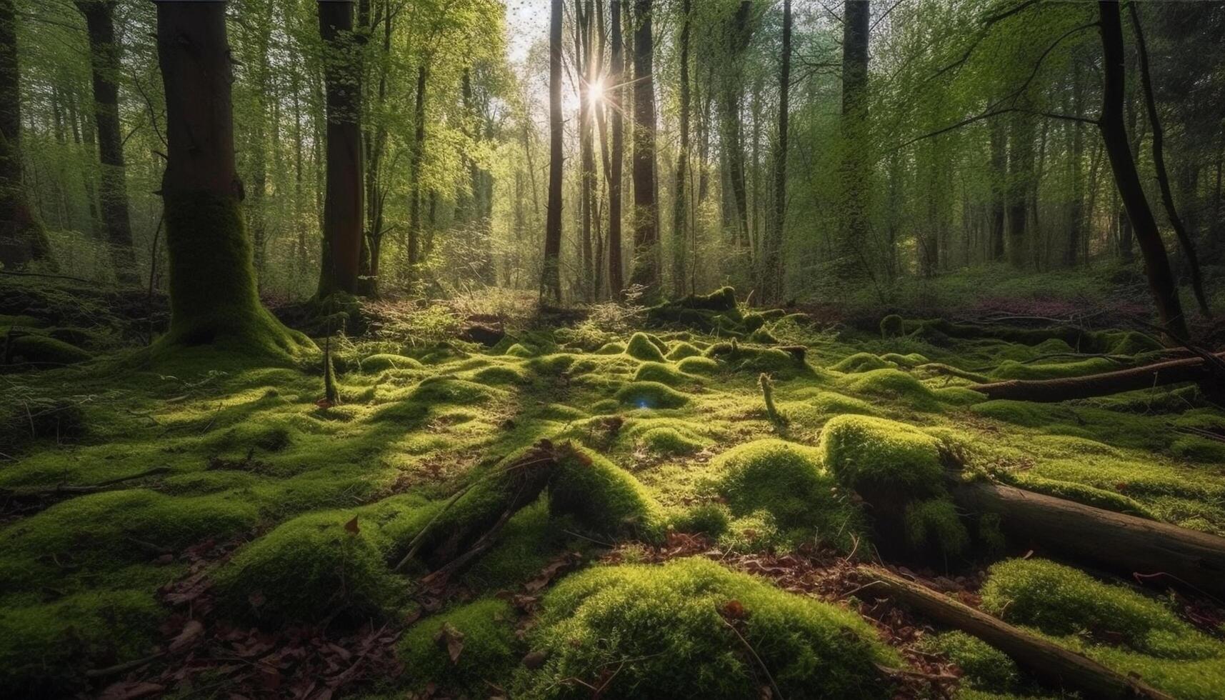 Tranquil scene of green forest, sunlight on tree, nature beauty generated by AI photo